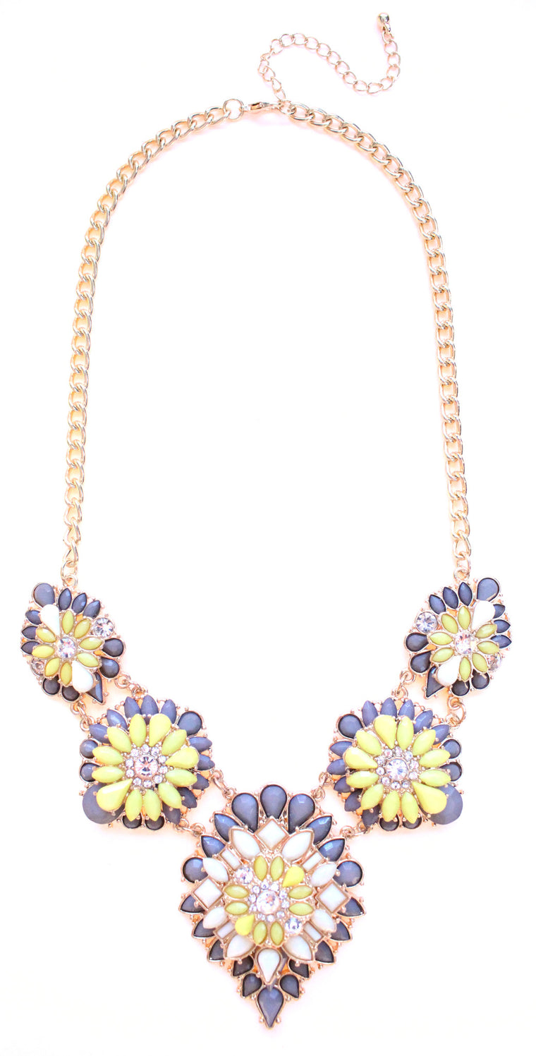 Tri-Color Blossoming Jeweled Necklace- Gray & Yellow
