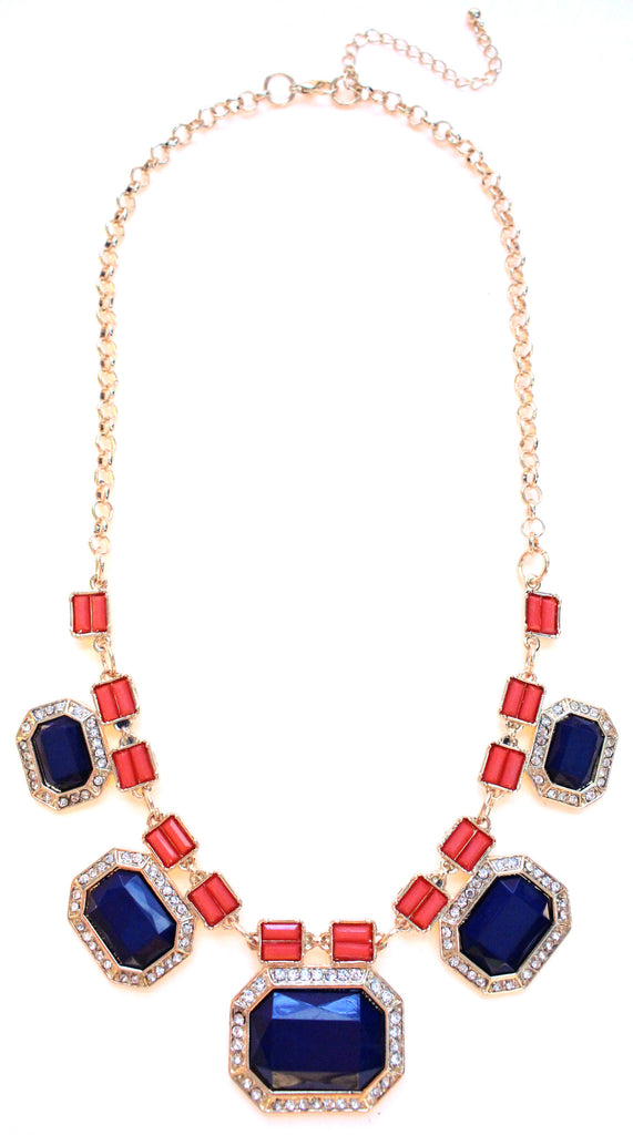 Rectangular Jeweled Nautical Necklace- Navy & Coral