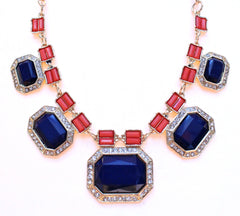 Rectangular Jeweled Nautical Necklace- Navy & Coral