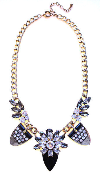 Tribal Glam Statement Necklace- Black & Crystal