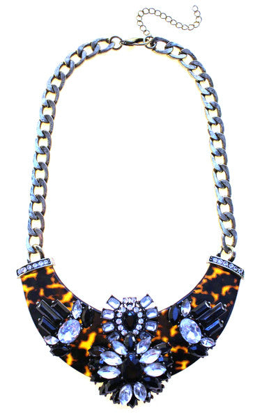 Luxe Embellished Tortoise Statement Necklace- Black & Crystal