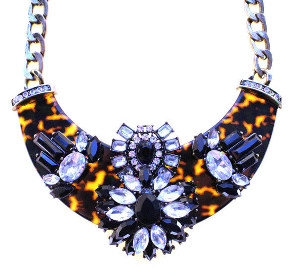 Luxe Embellished Tortoise Statement Necklace- Black & Crystal