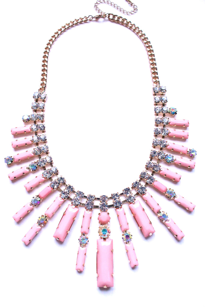 Crystal Spike Bib Statement Necklace- Light Pink