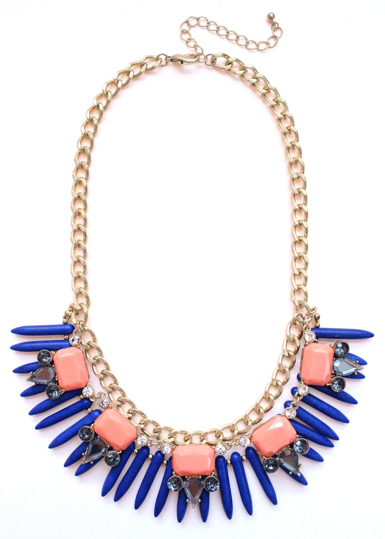 Tribal Spike Jeweled Necklace- Navy & Peach
