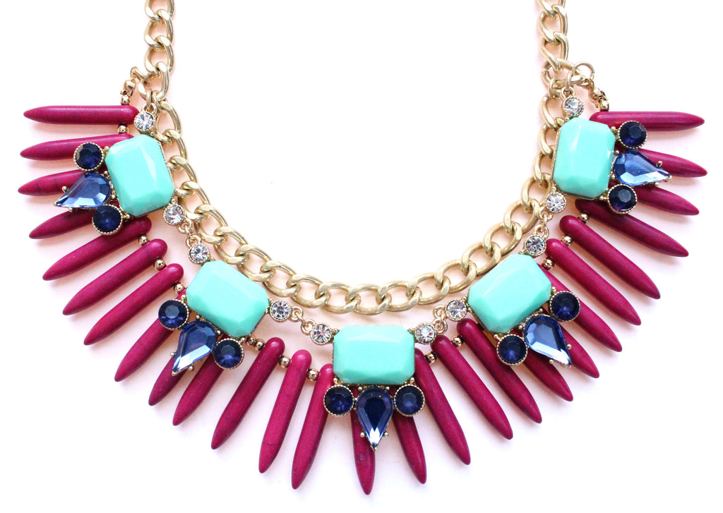 Tribal Spike Jeweled Necklace- Magenta & Mint