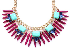 Tribal Spike Jeweled Necklace- Magenta & Mint