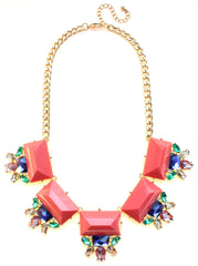 Colorful Jeweled Gemstone Statement Necklace- Coral Pink