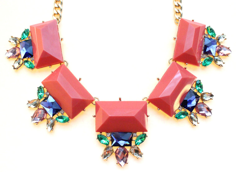 Colorful Jeweled Gemstone Statement Necklace- Coral Pink