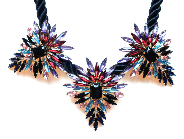 Three Pendant Rope Statement Necklace- Black