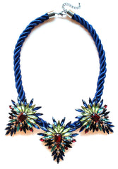 Three Pendant Rope Statement Necklace- Blue