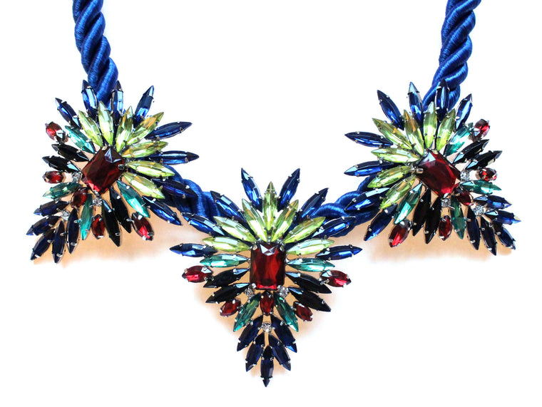 Three Pendant Rope Statement Necklace- Blue