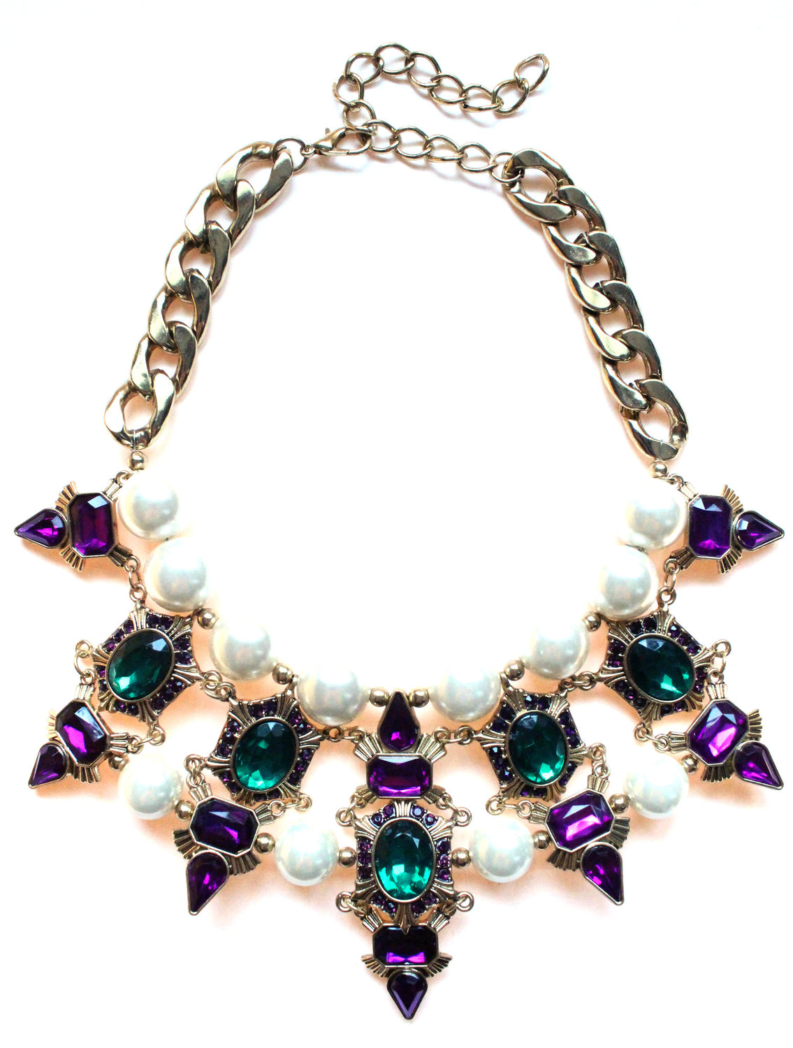 Luxe Chunky Pearl & Deco Jeweled Statement Necklace- Purple & Emerald