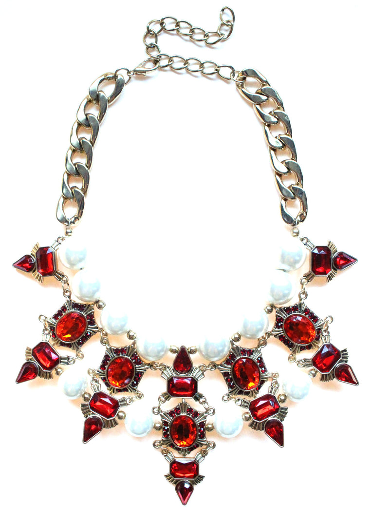 Luxe Chunky Pearl & Deco Jeweled Statement Necklace- Red