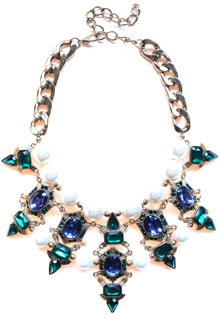 Luxe Chunky Pearl & Deco Jeweled Statement Necklace- Emerald & Sapphire