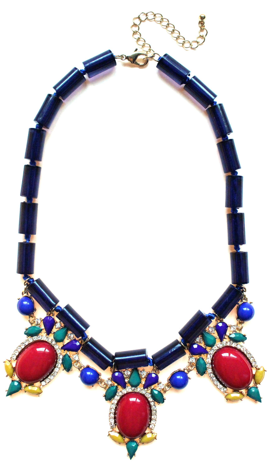 Colorful Beaded & Jeweled Statement Necklace- Navy & Red