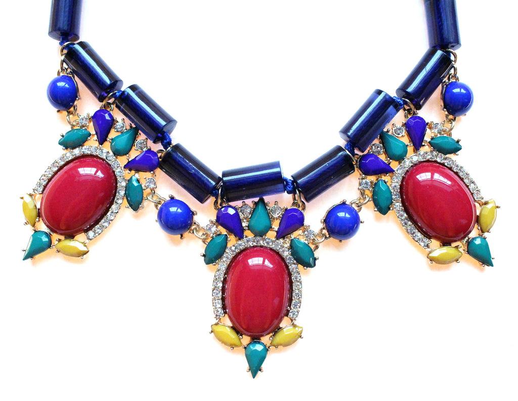 Colorful Beaded & Jeweled Statement Necklace- Navy & Red