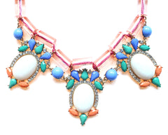 Colorful Beaded & Jeweled Statement Necklace- Pink & White