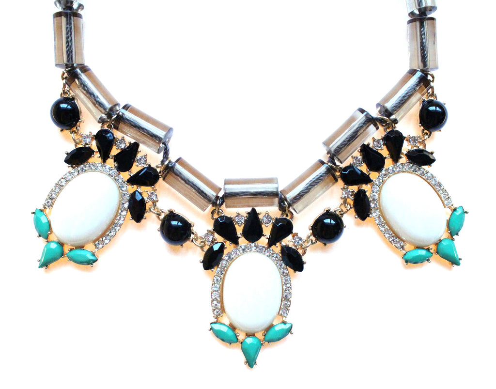 Colorful Beaded & Jeweled Statement Necklace- Gray & White