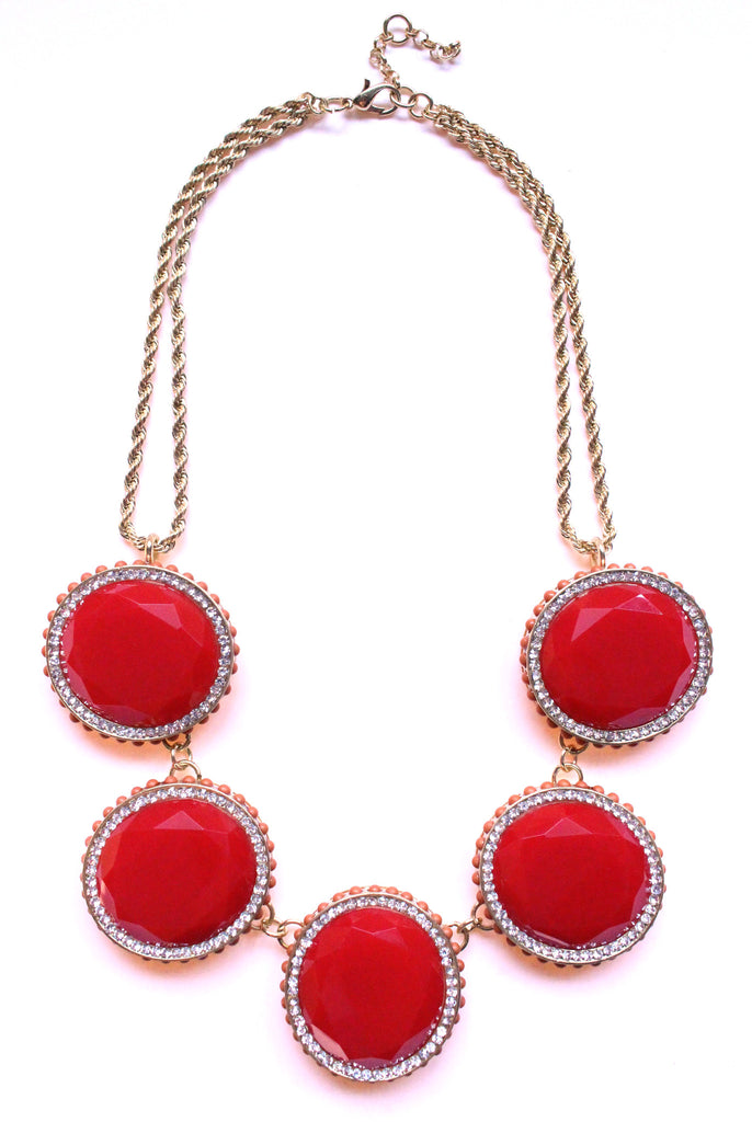 Bold Oval Gem Statement Necklace- Red