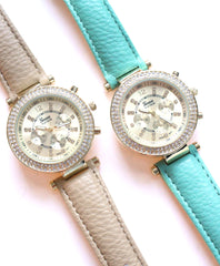 Leather Round Face Sparkle Watches- 2 Color Options