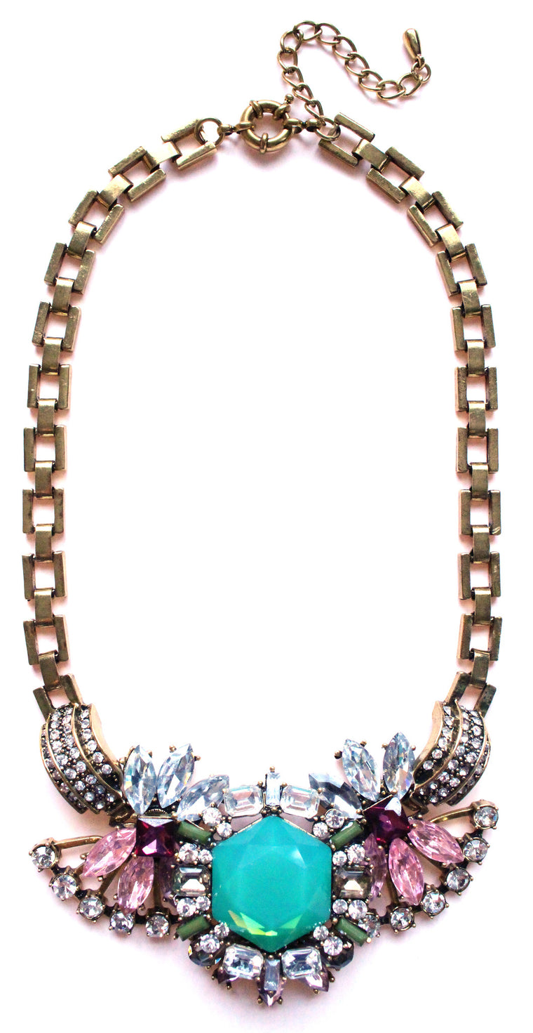 Luxe Crystal Compilation Statement Necklace- Mint & Pink