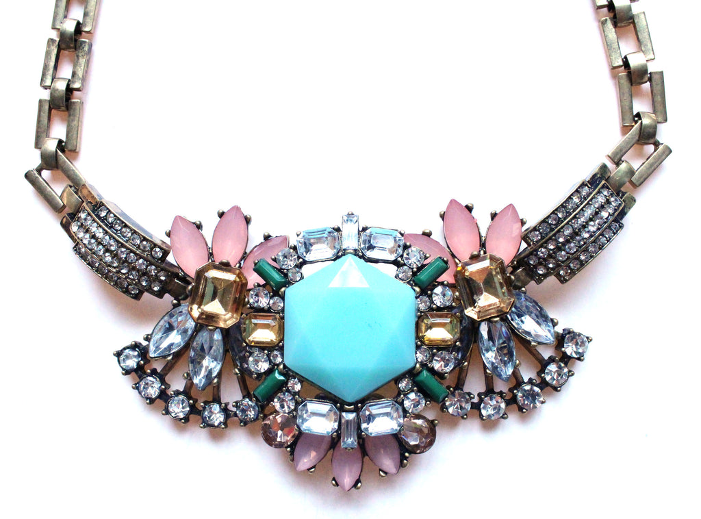 Luxe Crystal Compilation Statement Necklace- Light Blue
