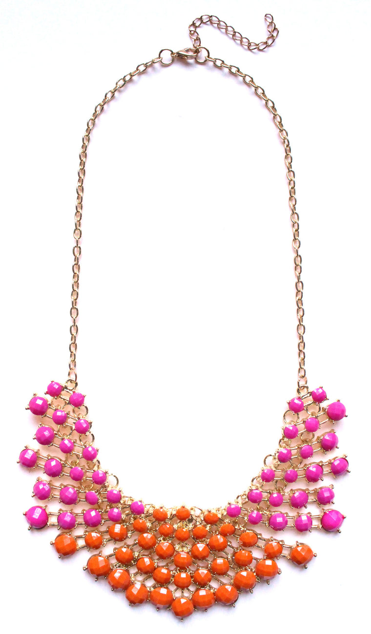 Colored Rhinestone Fan Statement Necklace- Pink & Orange