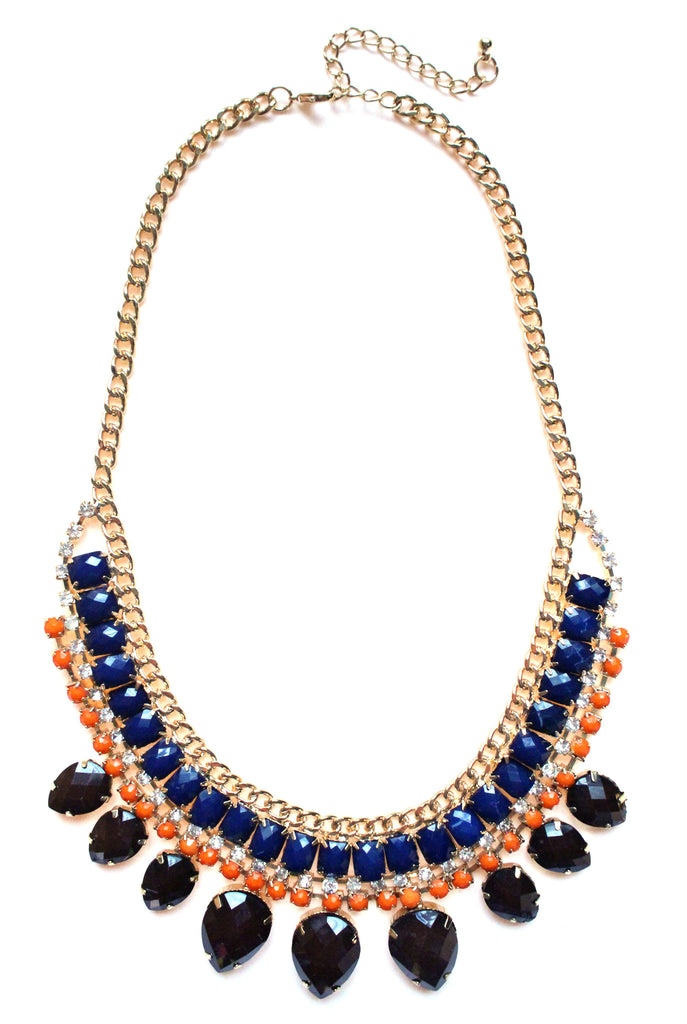 Layered Rhinestone Teardrop Necklace- Brown & Blue