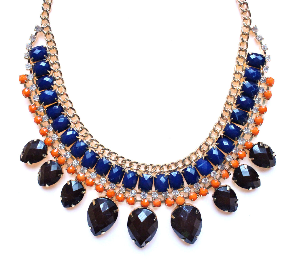 Layered Rhinestone Teardrop Necklace- Brown & Blue