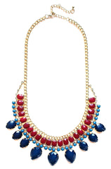 Layered Rhinestone Teardrop Necklace- Blue & Red