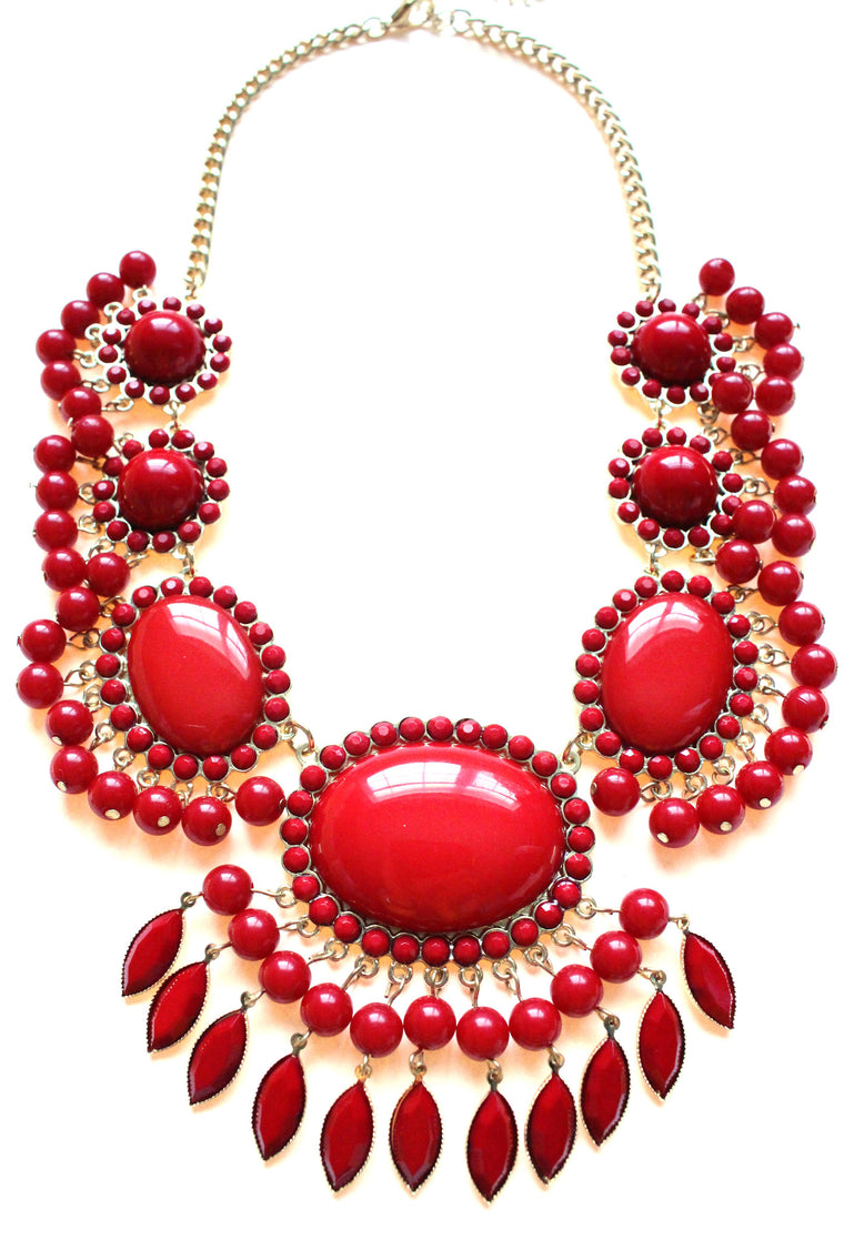 Bauble Fan Fringe Statement Necklace- Red