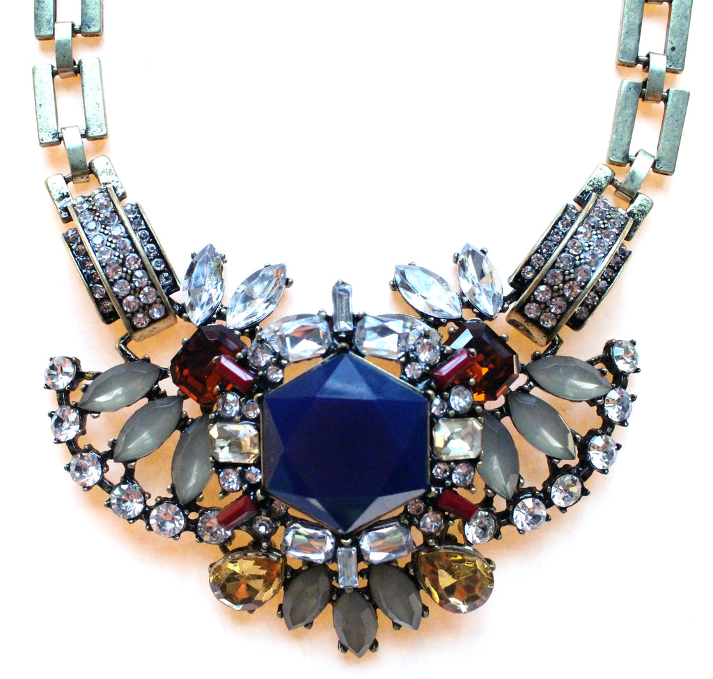 Luxe Crystal Compilation Statement Necklace Set- Navy