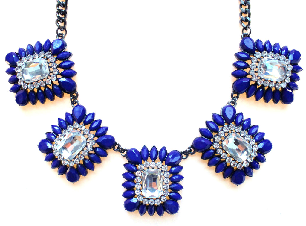 Crystal Square Jeweled Statement Necklace- Royal