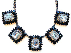 Crystal Square Jeweled Statement Necklace- Black