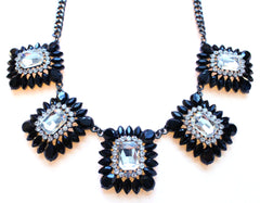 Crystal Square Jeweled Statement Necklace- Black