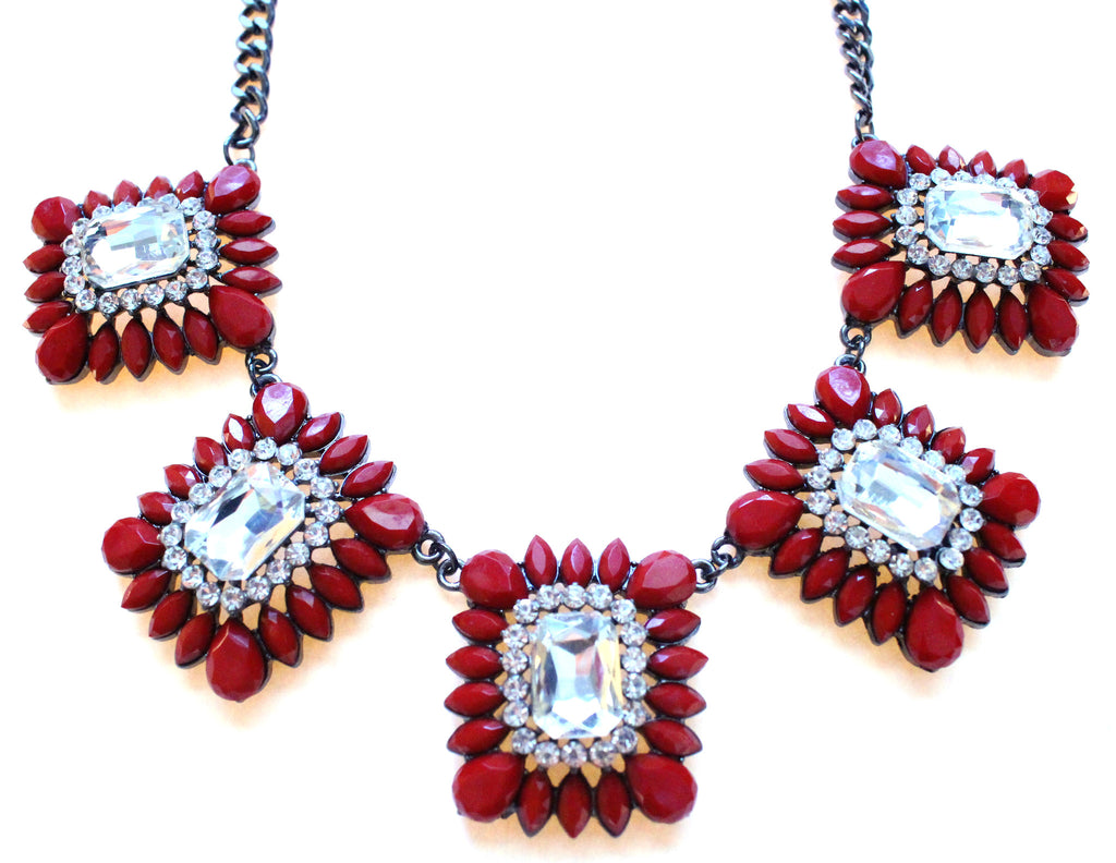 Crystal Square Jeweled Statement Necklace- Red