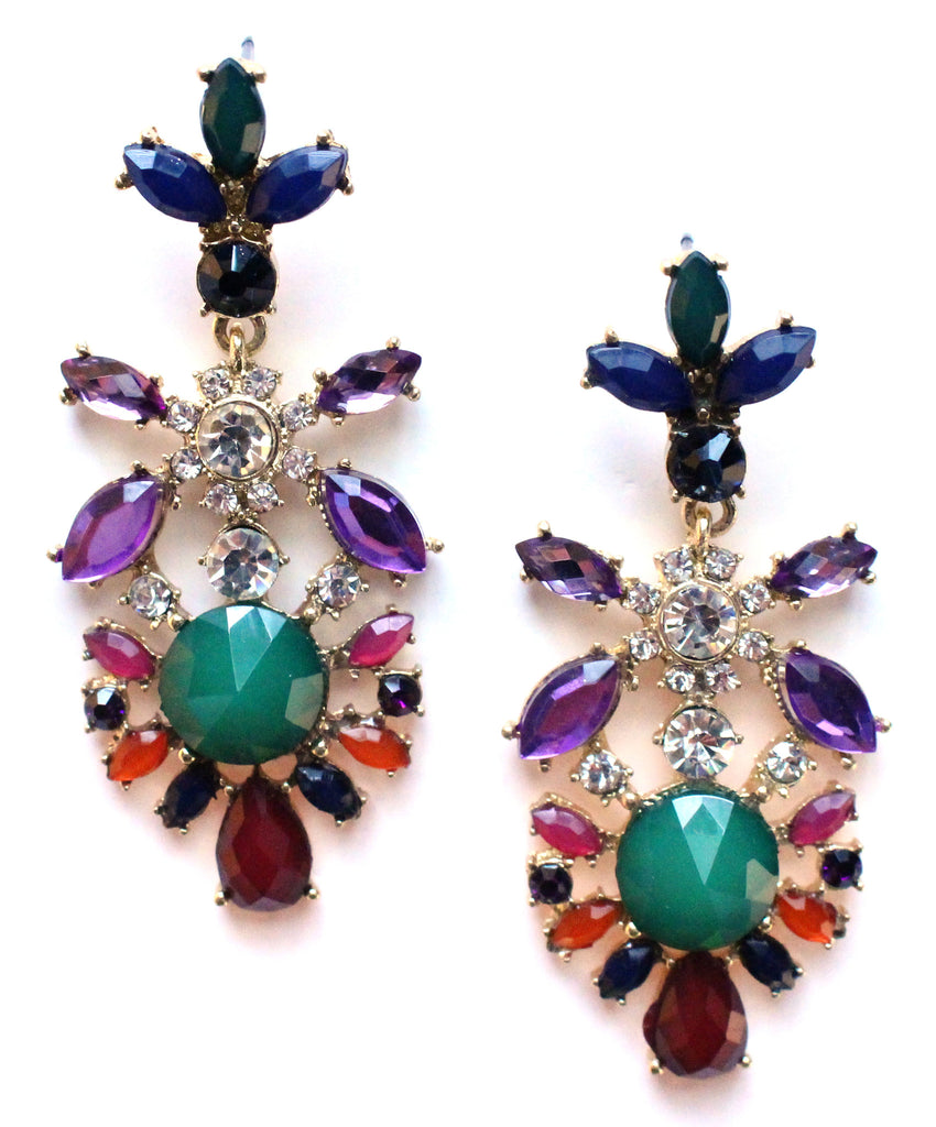 Crystal Floral Earrings- Green & Purple