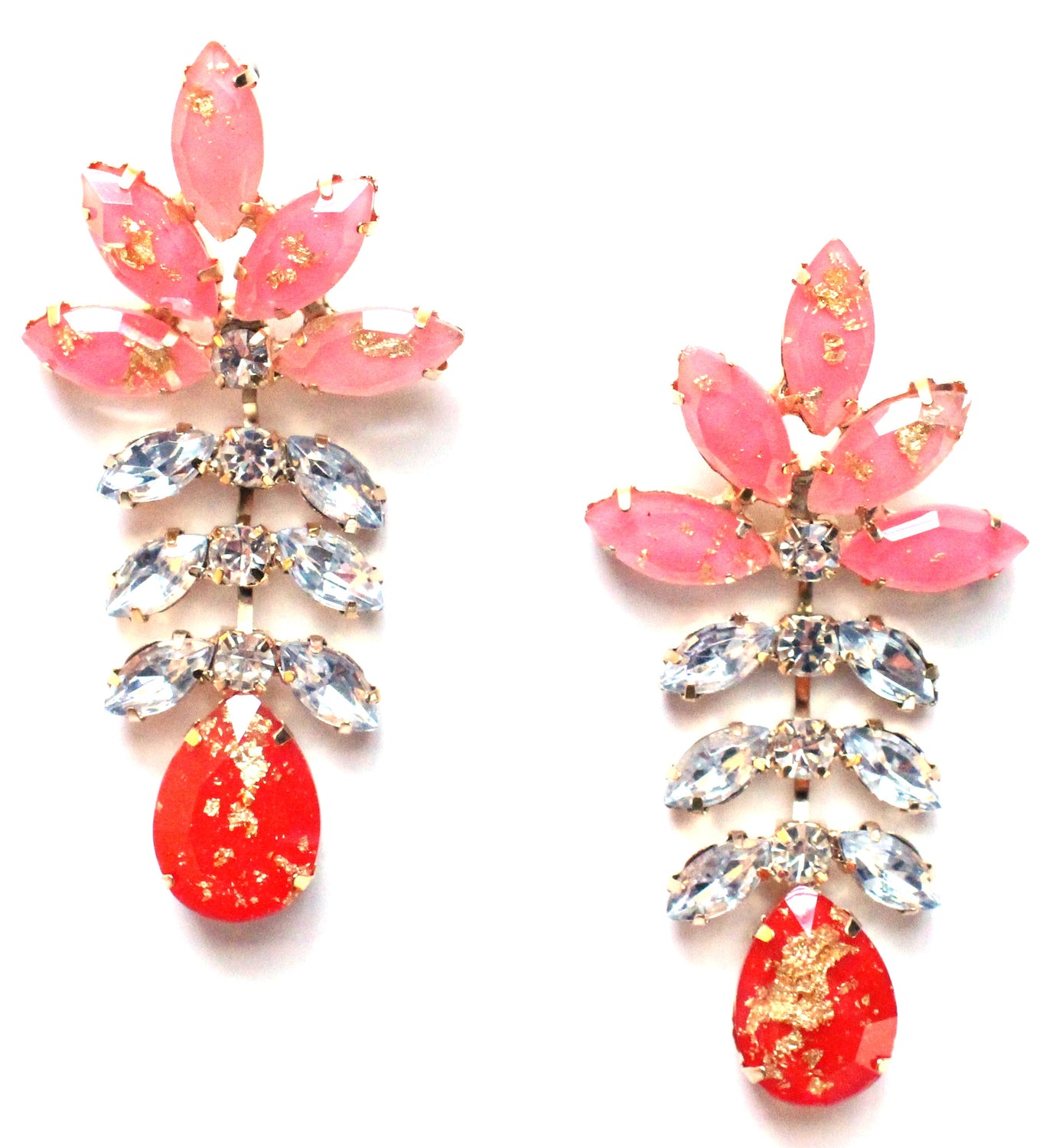 Gold Leaf Crystal Dangle Earrings- Pink