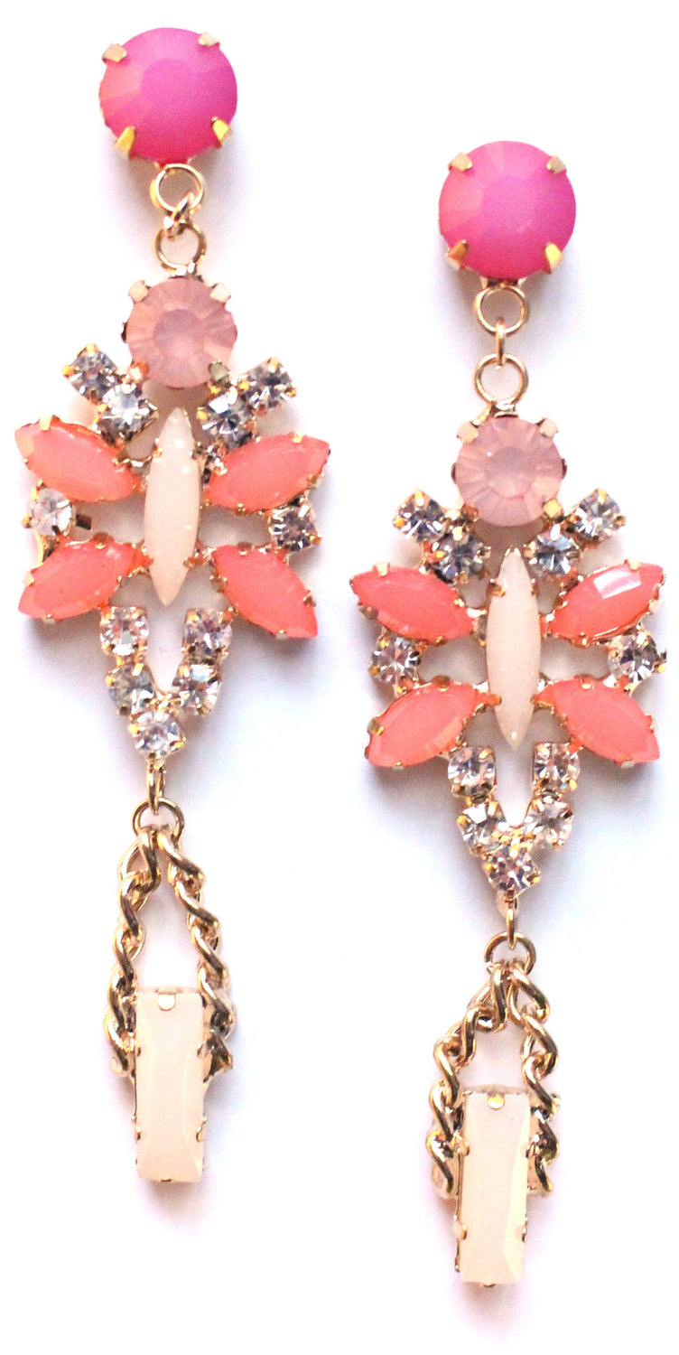 Crystal Glamour Chandelier Earrings- Fuchsia/Peach