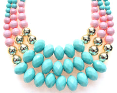 Beaded Layered Statement Necklace- Mint & Light Pink