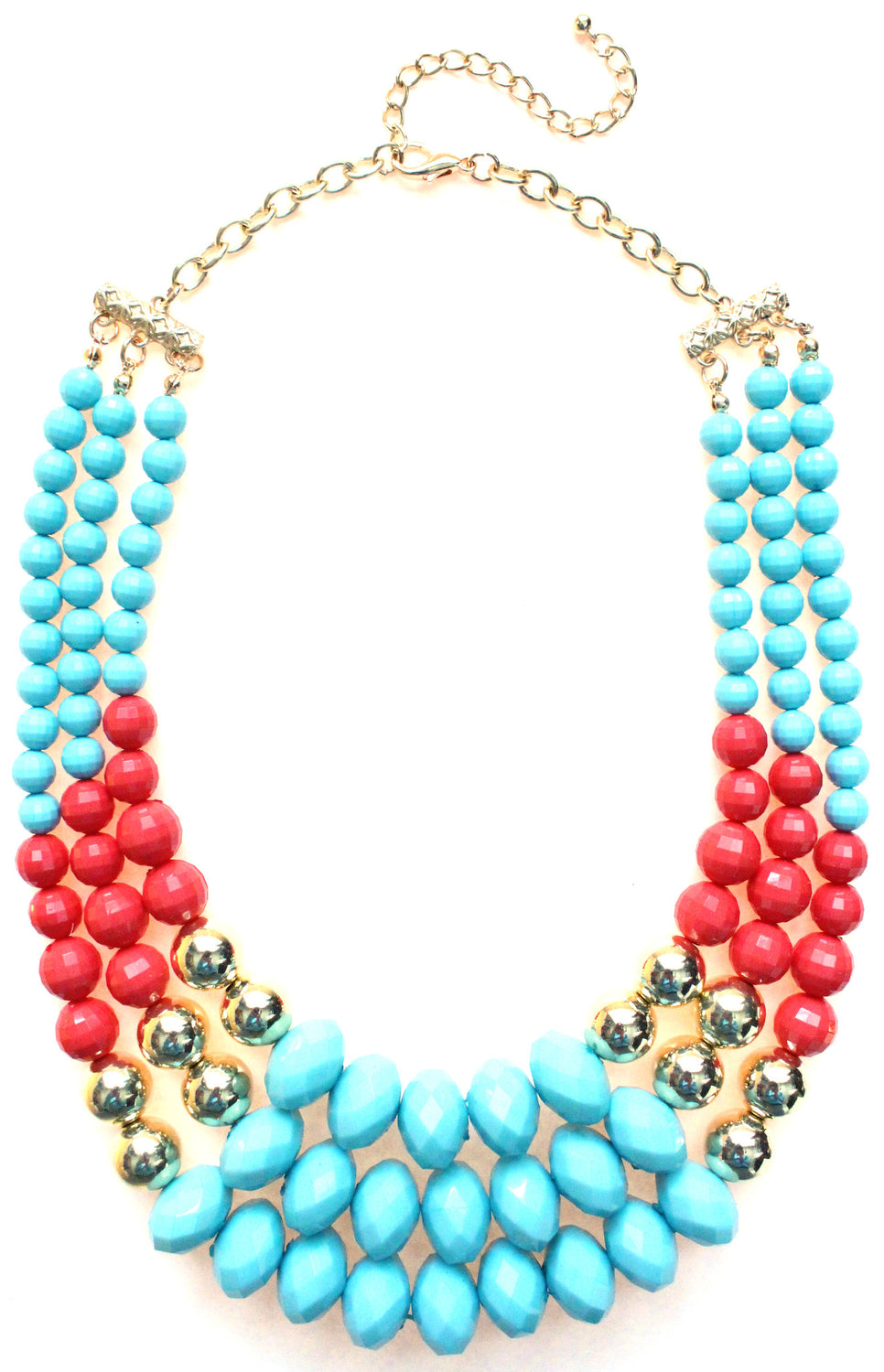 Beaded Layered Statement Necklace- Turquoise  & Coral