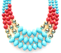 Beaded Layered Statement Necklace- Turquoise  & Coral