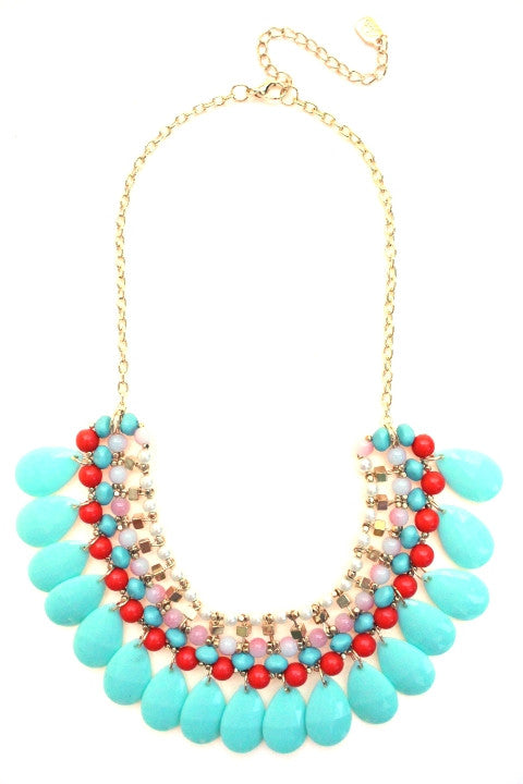 Beaded Layered Teardrop Necklace- Mint