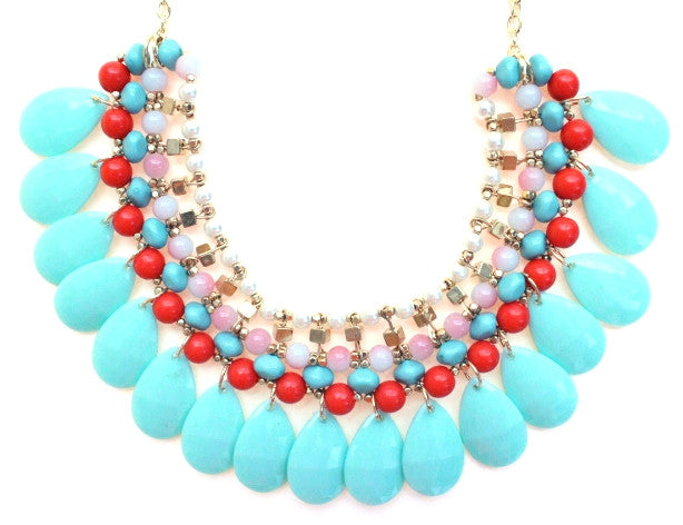 Beaded Layered Teardrop Necklace- Mint