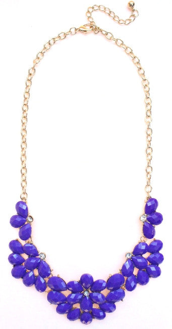 Half Blossom Jeweled Statement Necklace- Purple