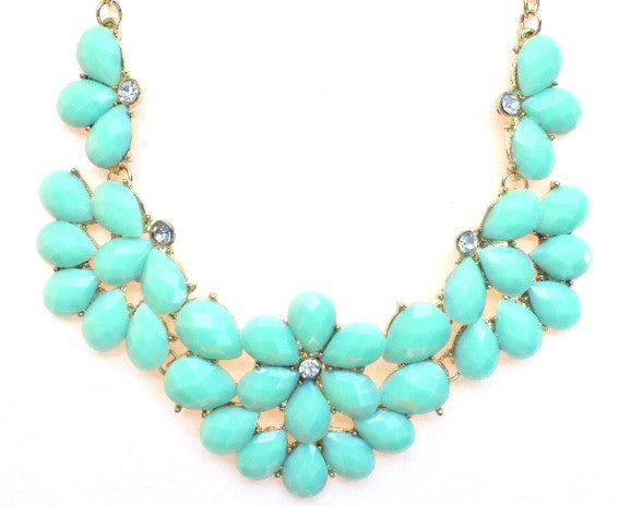Half Blossom Jeweled Statement Necklace- Mint