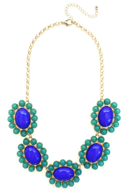 Floral Colorblock Bauble Gemstone Necklace- Royal & Green