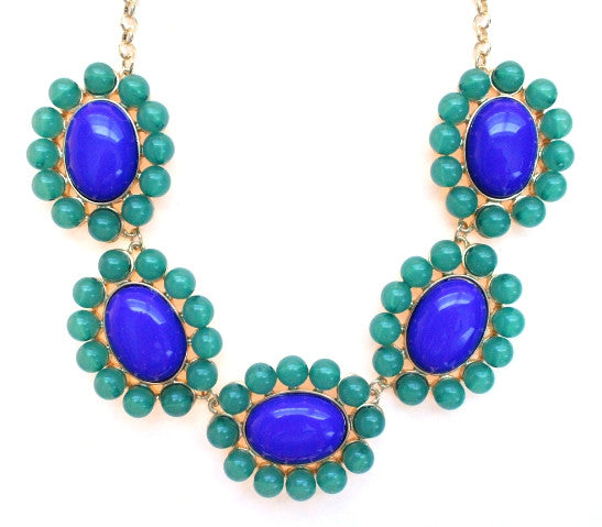 Floral Colorblock Bauble Gemstone Necklace- Royal & Green