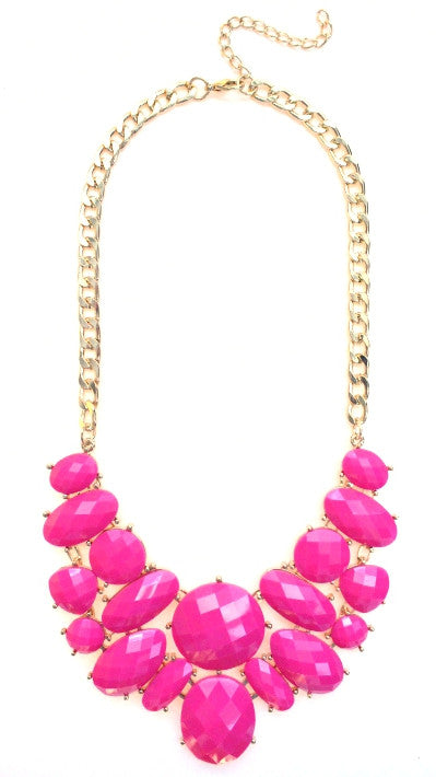 Jeweled Cluster Bib Statement Necklace- Pink