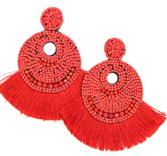 Josie Beaded Tassel Earrings- Red